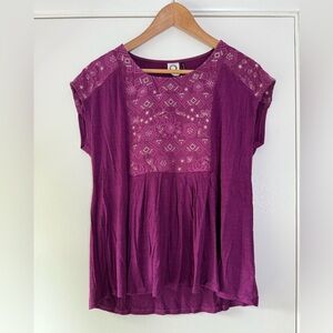 Akemi + Kin for Anthropologie Arcana Embroidered Bib Top Magenta Gold Small